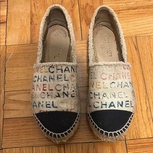 CHANEL Multicolor Logo Canvas Espadrilles with Black Toe Cap